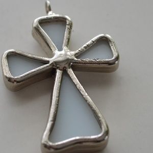 Silver, White Stained Glass Cross Pendant